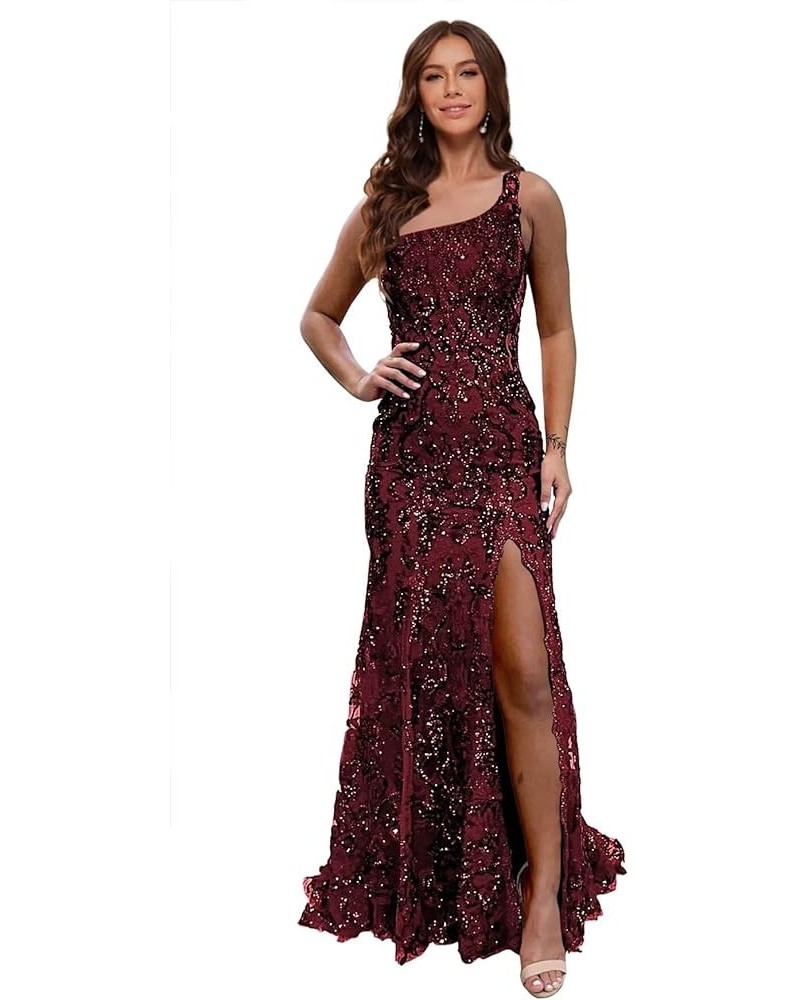 Sparkly Sequin Mermaid Prom Dress 2024 with Slit for Women One Shoulder Formal Evening Gown YZTS141 Burgundy $34.50 Dresses