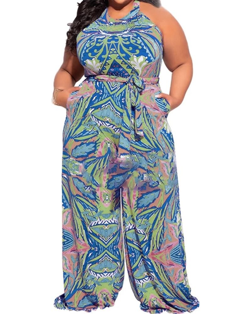 Women's Sexy Plus Size Floral Sleeveless Wide Leg Pockets Cocktail Halter Neck Jumpsuit with Belt Blue $22.25 Jumpsuits