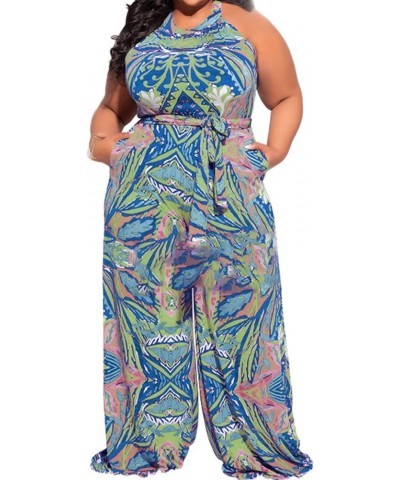 Women's Sexy Plus Size Floral Sleeveless Wide Leg Pockets Cocktail Halter Neck Jumpsuit with Belt Blue $22.25 Jumpsuits