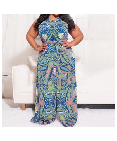 Women's Sexy Plus Size Floral Sleeveless Wide Leg Pockets Cocktail Halter Neck Jumpsuit with Belt Blue $22.25 Jumpsuits