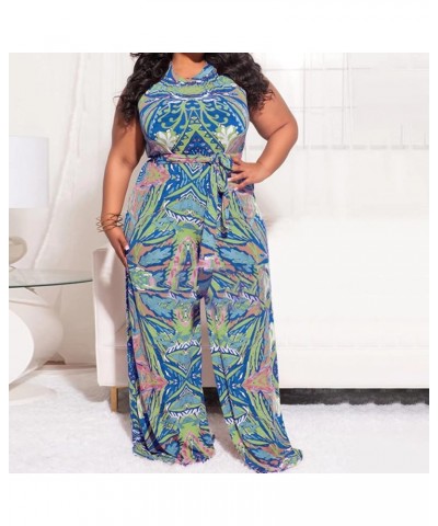 Women's Sexy Plus Size Floral Sleeveless Wide Leg Pockets Cocktail Halter Neck Jumpsuit with Belt Blue $22.25 Jumpsuits