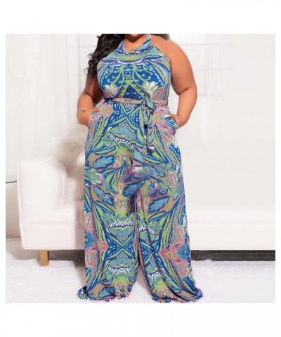 Women's Sexy Plus Size Floral Sleeveless Wide Leg Pockets Cocktail Halter Neck Jumpsuit with Belt Blue $22.25 Jumpsuits