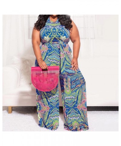 Women's Sexy Plus Size Floral Sleeveless Wide Leg Pockets Cocktail Halter Neck Jumpsuit with Belt Blue $22.25 Jumpsuits