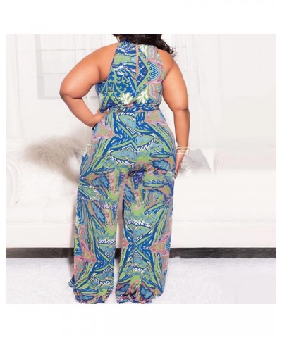 Women's Sexy Plus Size Floral Sleeveless Wide Leg Pockets Cocktail Halter Neck Jumpsuit with Belt Blue $22.25 Jumpsuits