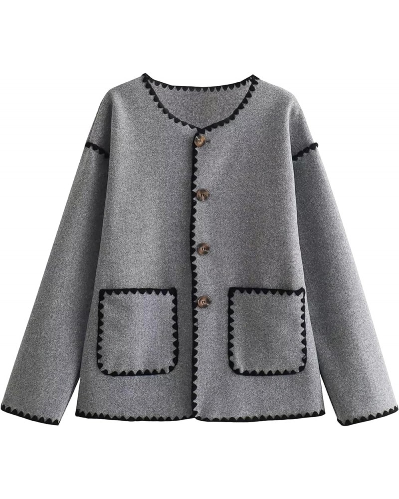 Women Wool Blend Jacket Contrast Color Crew Neck Button Down Cardigan Coat Casual Outwear with Pockets Grey $19.58 Coats