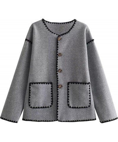 Women Wool Blend Jacket Contrast Color Crew Neck Button Down Cardigan Coat Casual Outwear with Pockets Grey $19.58 Coats