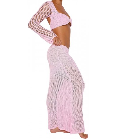 Women 2Pcs Crochet Knit Skirt Set Tube Crop Top + High Waist Bodycon Skirt Cover Up Beachwear Z-pink $13.99 Swimsuits