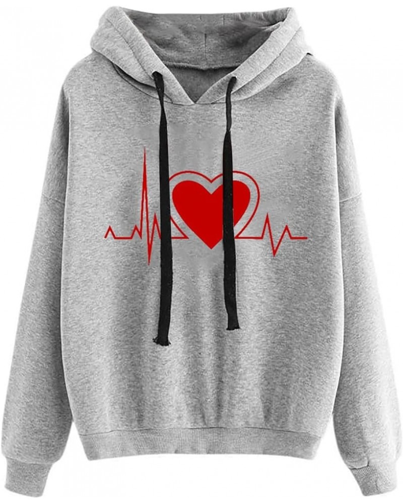 Women's Heart Print Hoodies Drawstring Long Sleeve Pullovers Tops Sweatshirts Fashion Loose Fit Comfy Fall Shirts A01_gray $3...