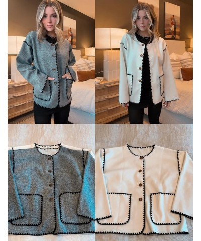 Women Wool Blend Jacket Contrast Color Crew Neck Button Down Cardigan Coat Casual Outwear with Pockets Grey $19.58 Coats