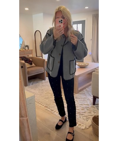 Women Wool Blend Jacket Contrast Color Crew Neck Button Down Cardigan Coat Casual Outwear with Pockets Grey $19.58 Coats