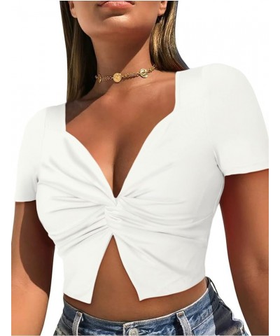 Women's Twist Short Sleeve Crop Top Sexy V Neck Cleavage Trendy Crop Top Going Out Tops for Women White $11.65 T-Shirts