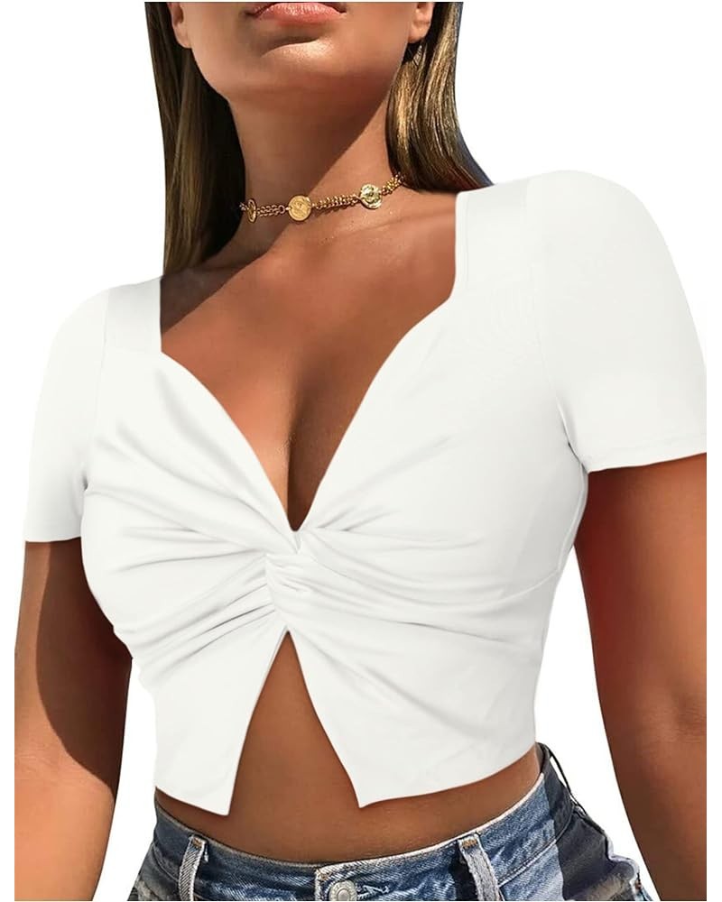 Women's Twist Short Sleeve Crop Top Sexy V Neck Cleavage Trendy Crop Top Going Out Tops for Women White $11.65 T-Shirts