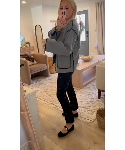 Women Wool Blend Jacket Contrast Color Crew Neck Button Down Cardigan Coat Casual Outwear with Pockets Grey $19.58 Coats