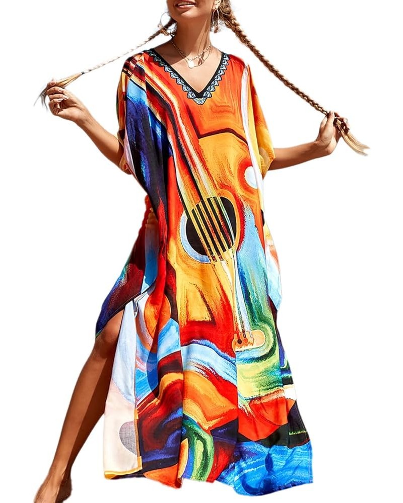 V Neck Print Kaftan Swimsuit Cover Ups for Women Plus Size Beach Caftan Dress Casual Loungewear Colorful Print 1 $16.20 Swims...