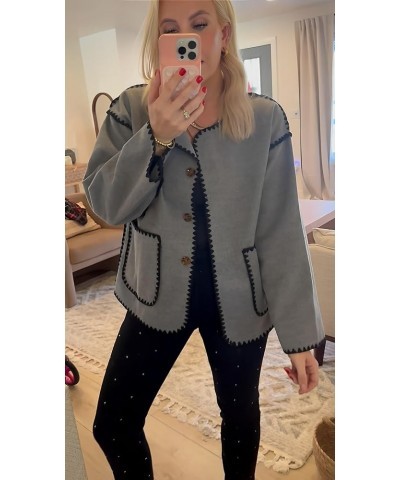 Women Wool Blend Jacket Contrast Color Crew Neck Button Down Cardigan Coat Casual Outwear with Pockets Grey $19.58 Coats