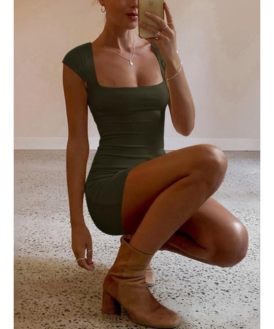 Women's Bodycon Mini Dress Sexy Summer Short Sleeve Square Neck Short Dresses Aa-dark Green a $20.05 Dresses