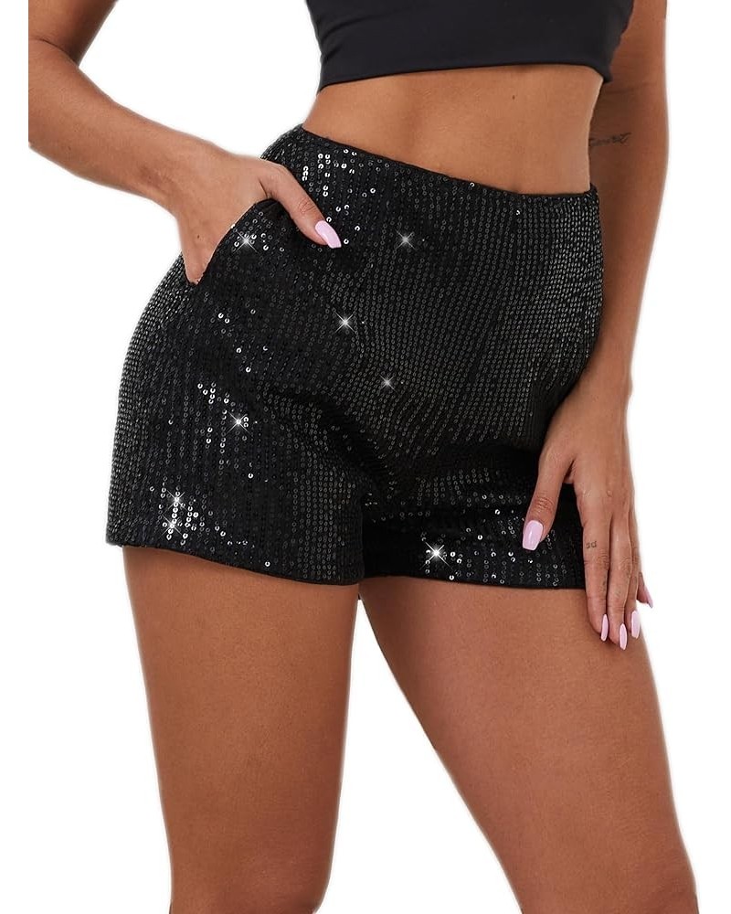 Women's Sequin Shorts High Waist Sparkle Party Shorts with Pockets Black $11.19 Activewear