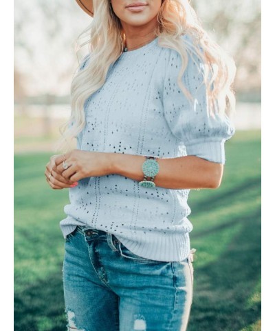 Womens Puff Short Sleeve Sweaters Tops Fall Soft Crew Neck Dot Pullover Shirt Lightweight Knit Sweater Blouse Blue $19.94 Swe...