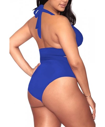 Women's Plus Size High Waisted Tummy Control Swimwear Swimsuit Full Coverage Wide-halter-strap Dark Blue $15.91 Swimsuits