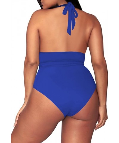 Women's Plus Size High Waisted Tummy Control Swimwear Swimsuit Full Coverage Wide-halter-strap Dark Blue $15.91 Swimsuits