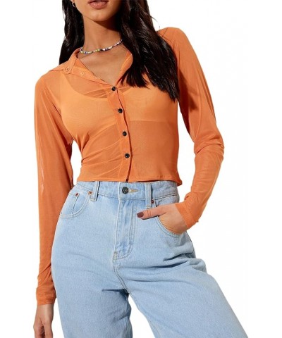 Womens Summer Long Sleeve Mesh Button Shirt Slim fit Tops Solid Color Sheer Blouses for Women Orange $8.11 Blouses