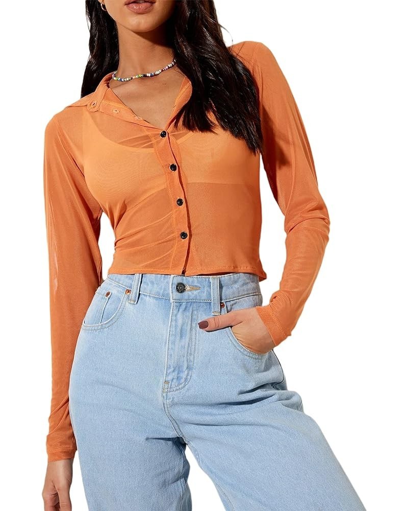 Womens Summer Long Sleeve Mesh Button Shirt Slim fit Tops Solid Color Sheer Blouses for Women Orange $8.11 Blouses