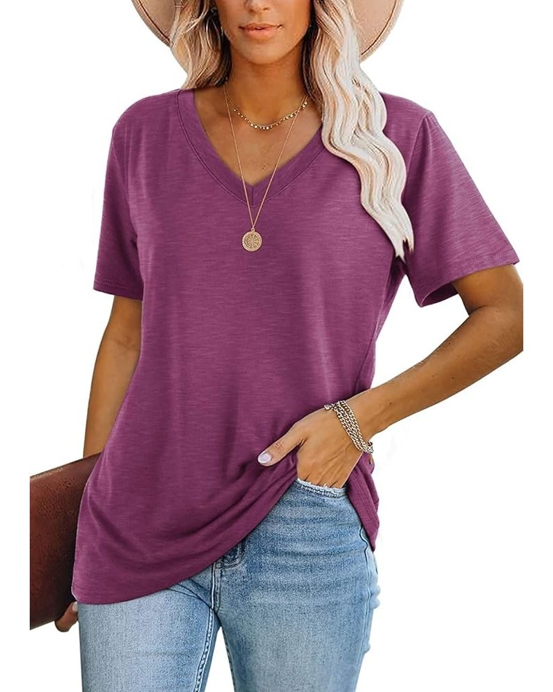 Womens Tops Casual V Neck Short Sleeve Solid Color Basic T Shirt A8 Coral $10.27 T-Shirts