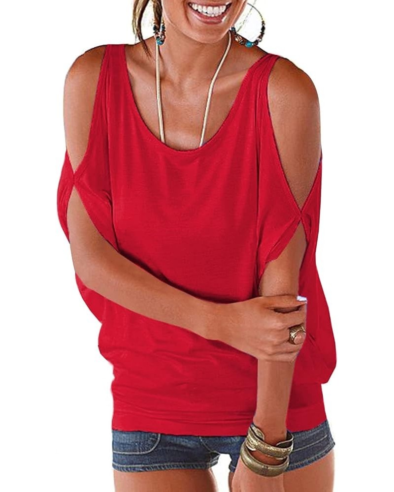 Womens Summer Cold Shoulder Tops Short Sleeve T Shirts Pullover Casual Dolman Blouses Red $11.00 T-Shirts