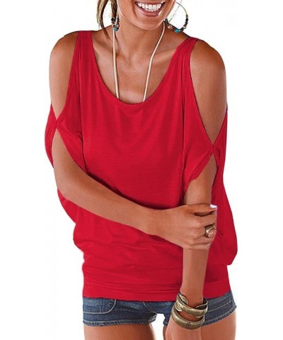 Womens Summer Cold Shoulder Tops Short Sleeve T Shirts Pullover Casual Dolman Blouses Red $11.00 T-Shirts