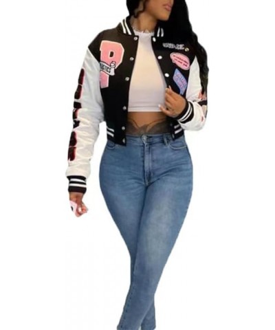 Bomber Jackets for Women Long Sleeve Casual Button Down Varsity Cropped Jacket Vintage Baseball Jackets Y2K 02 Black $12.78 J...