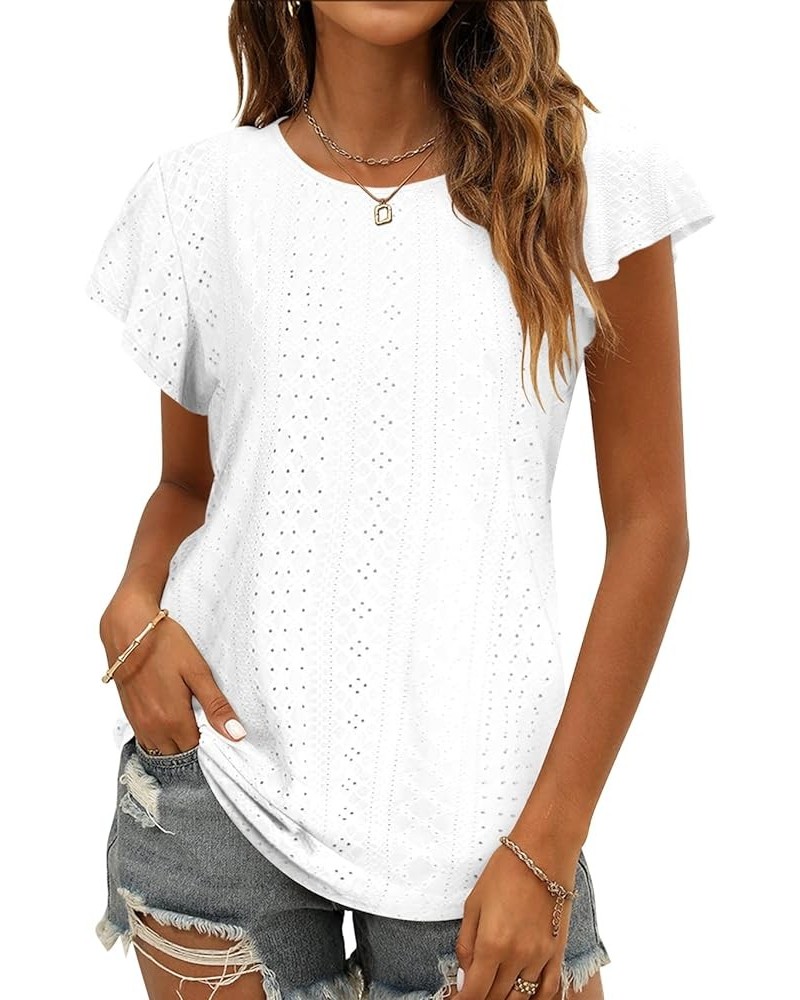 Womens Tops Summer Ruffle Sleeve Crew Neck Tshirts Loose Fit Casual Cute Top Blouses White $10.50 T-Shirts