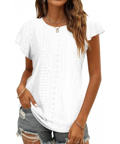 Womens Tops Summer Ruffle Sleeve Crew Neck Tshirts Loose Fit Casual Cute Top Blouses White $10.50 T-Shirts