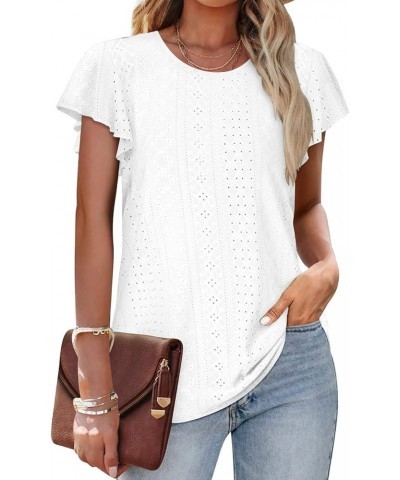 Womens Tops Summer Ruffle Sleeve Crew Neck Tshirts Loose Fit Casual Cute Top Blouses White $10.50 T-Shirts