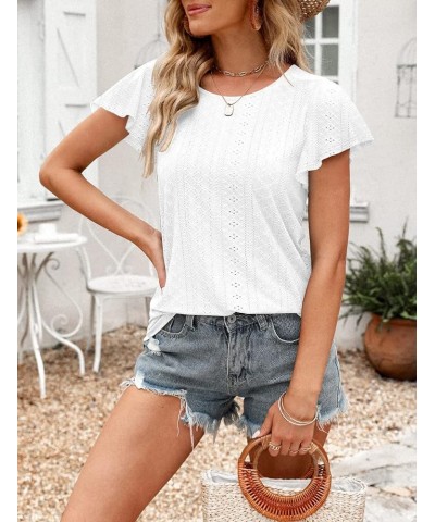 Womens Tops Summer Ruffle Sleeve Crew Neck Tshirts Loose Fit Casual Cute Top Blouses White $10.50 T-Shirts