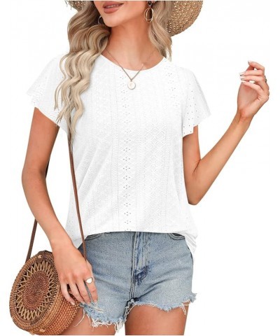 Womens Tops Summer Ruffle Sleeve Crew Neck Tshirts Loose Fit Casual Cute Top Blouses White $10.50 T-Shirts