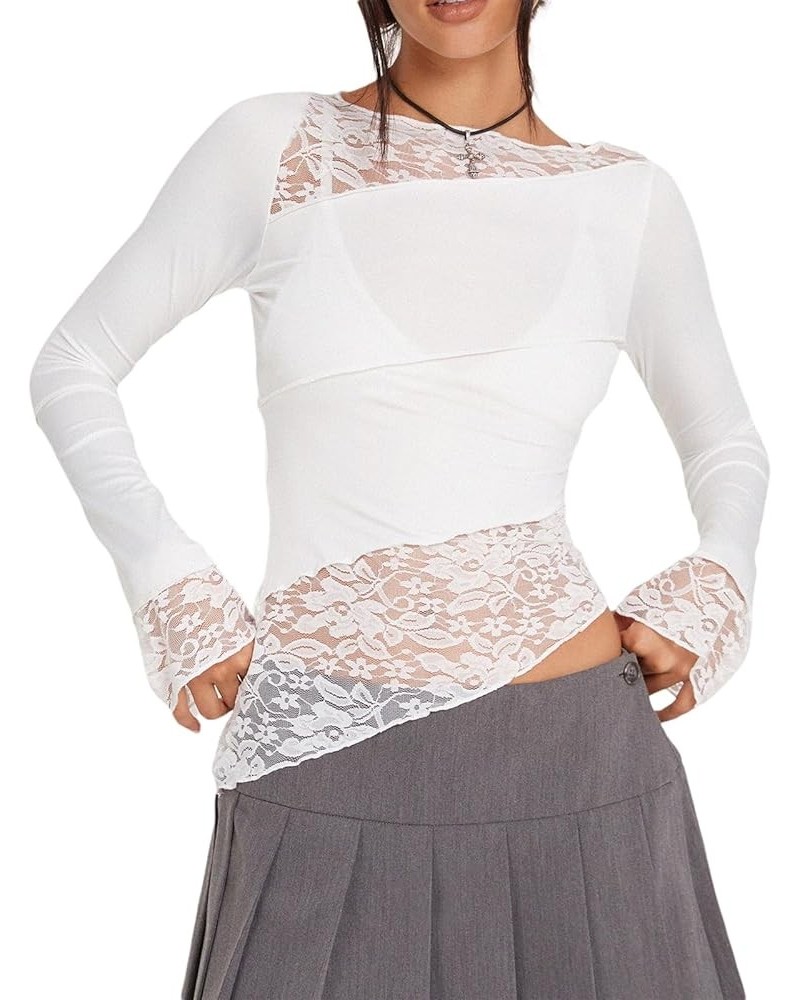 Women Lace Long Sleeve Shirt Top Round Neck Slim Fit Sheer T-Shirt Top Sexy Floral Lace Blouse Crop Top A White $7.66 Blouses