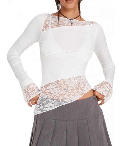 Women Lace Long Sleeve Shirt Top Round Neck Slim Fit Sheer T-Shirt Top Sexy Floral Lace Blouse Crop Top A White $7.66 Blouses