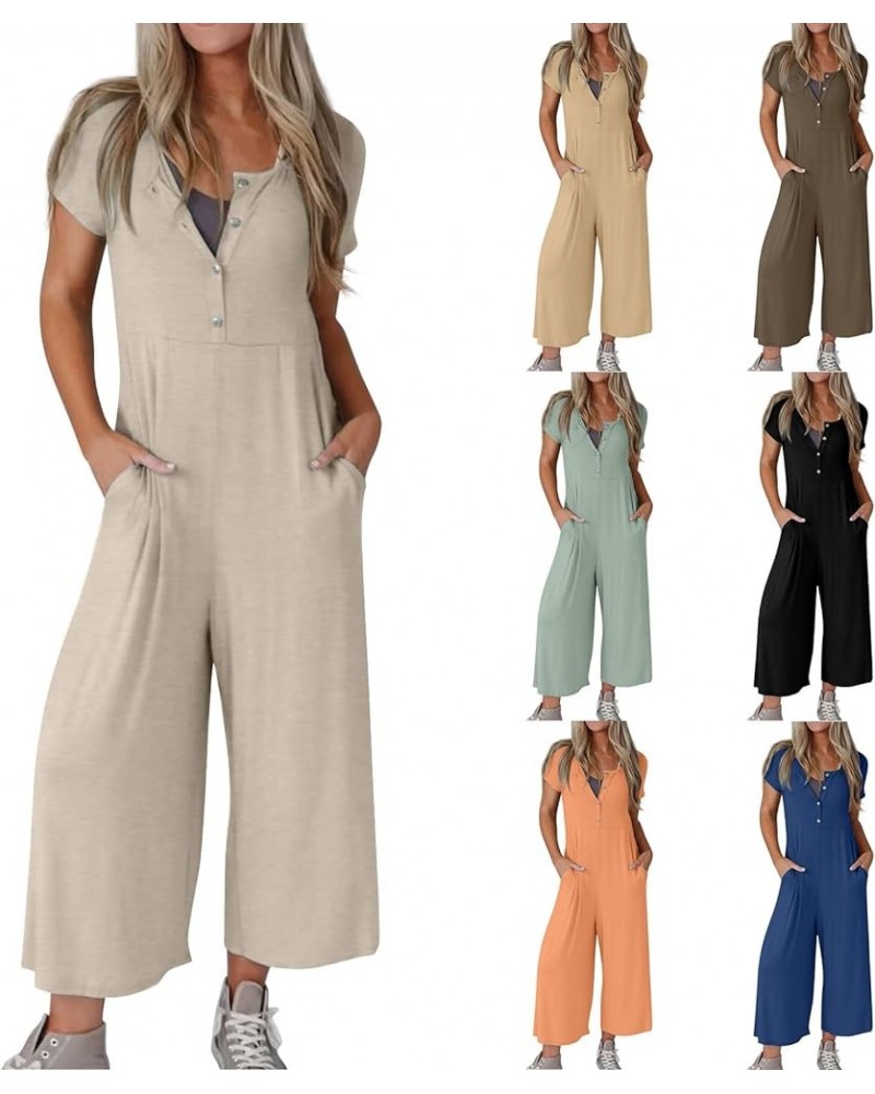 Wide Leg One Piece Jumpsuits for Women Button Up Rompers Casual Overalls Loose Fit with Pockets Summer Outfits A07-blue $9.44...