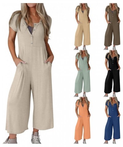 Wide Leg One Piece Jumpsuits for Women Button Up Rompers Casual Overalls Loose Fit with Pockets Summer Outfits A07-blue $9.44...