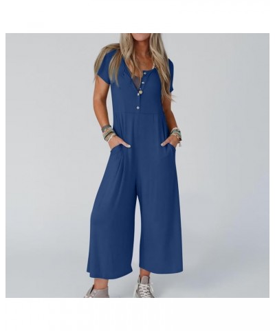 Wide Leg One Piece Jumpsuits for Women Button Up Rompers Casual Overalls Loose Fit with Pockets Summer Outfits A07-blue $9.44...