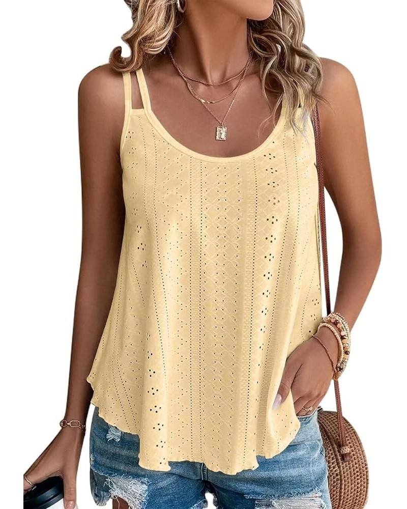 Womens Tank Tops Eyelet Embroidery Sleeveless T Shirt Spaghetti Strap Scoop Neck Loose Casual Summer Camisole Shirts A-yellow...