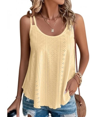 Womens Tank Tops Eyelet Embroidery Sleeveless T Shirt Spaghetti Strap Scoop Neck Loose Casual Summer Camisole Shirts A-yellow...