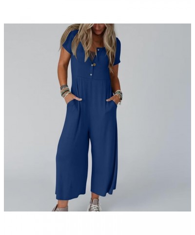 Wide Leg One Piece Jumpsuits for Women Button Up Rompers Casual Overalls Loose Fit with Pockets Summer Outfits A07-blue $9.44...