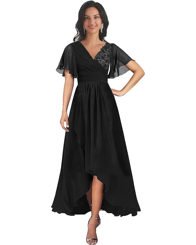 Flutter Sleeve Mother of The Bride Dresses Tea Length for Wedding Lace Chiffon Cocktail Evening Party Gown Black $33.79 Dresses