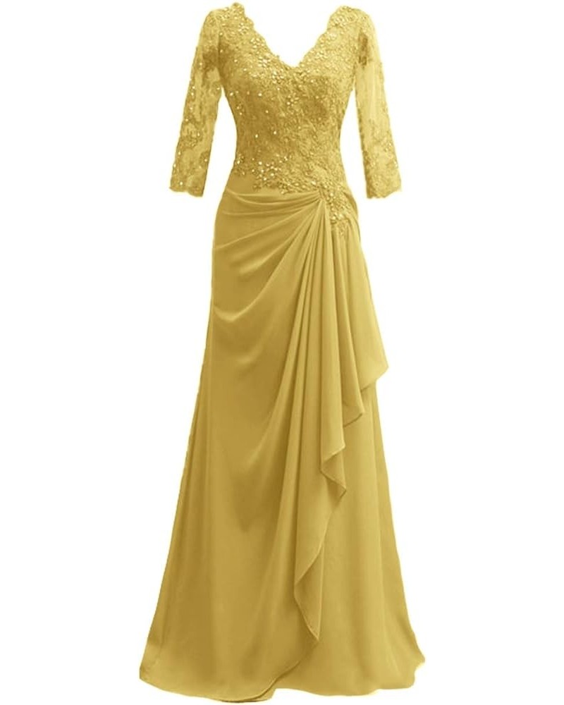 Mother of The Bride Dresses Long Evening Formal Dress V Neck Wedding Guest Dresses for Women Ruffle Lace Applique Beaded Gold...