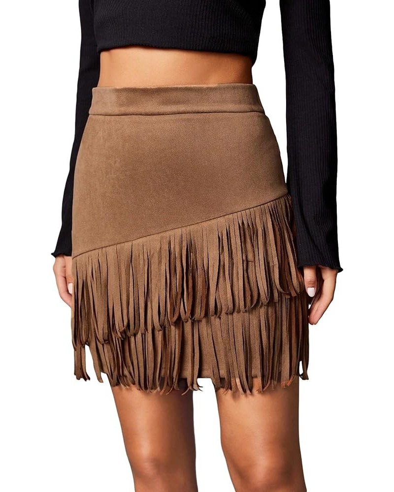 Women's High Waist Fringe Hem Elegant Mini Bodycon Skirt Party Skirts Khaki $17.10 Skirts