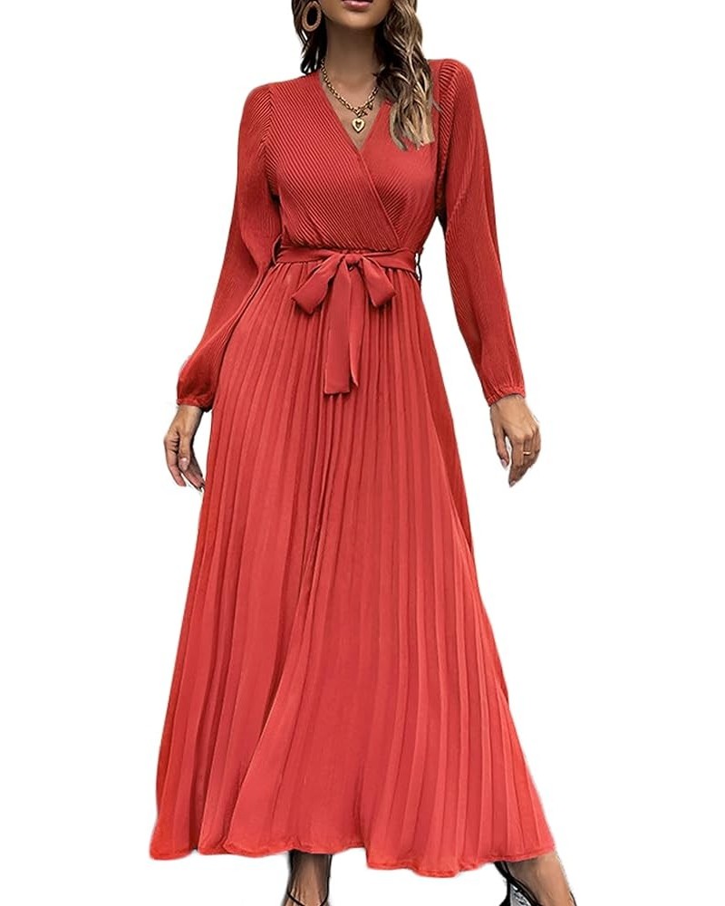 SDEER Womens Casual Dress V Neck Long Sleeve A Line Pleated Dress Tie Waist Solid Flowy Dress for Party Wedding Guest Red $22...