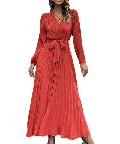 SDEER Womens Casual Dress V Neck Long Sleeve A Line Pleated Dress Tie Waist Solid Flowy Dress for Party Wedding Guest Red $22...