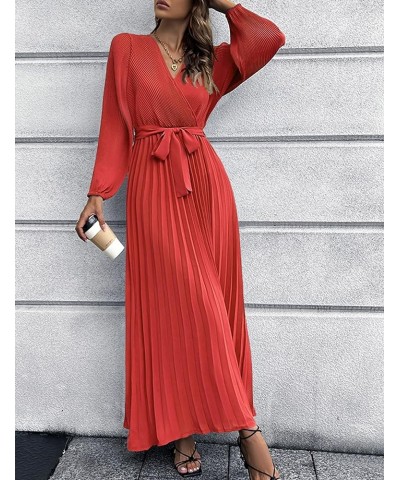 SDEER Womens Casual Dress V Neck Long Sleeve A Line Pleated Dress Tie Waist Solid Flowy Dress for Party Wedding Guest Red $22...