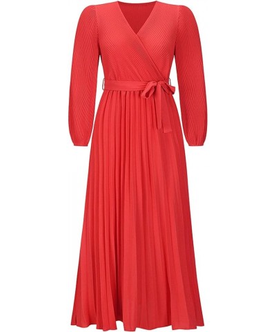 SDEER Womens Casual Dress V Neck Long Sleeve A Line Pleated Dress Tie Waist Solid Flowy Dress for Party Wedding Guest Red $22...